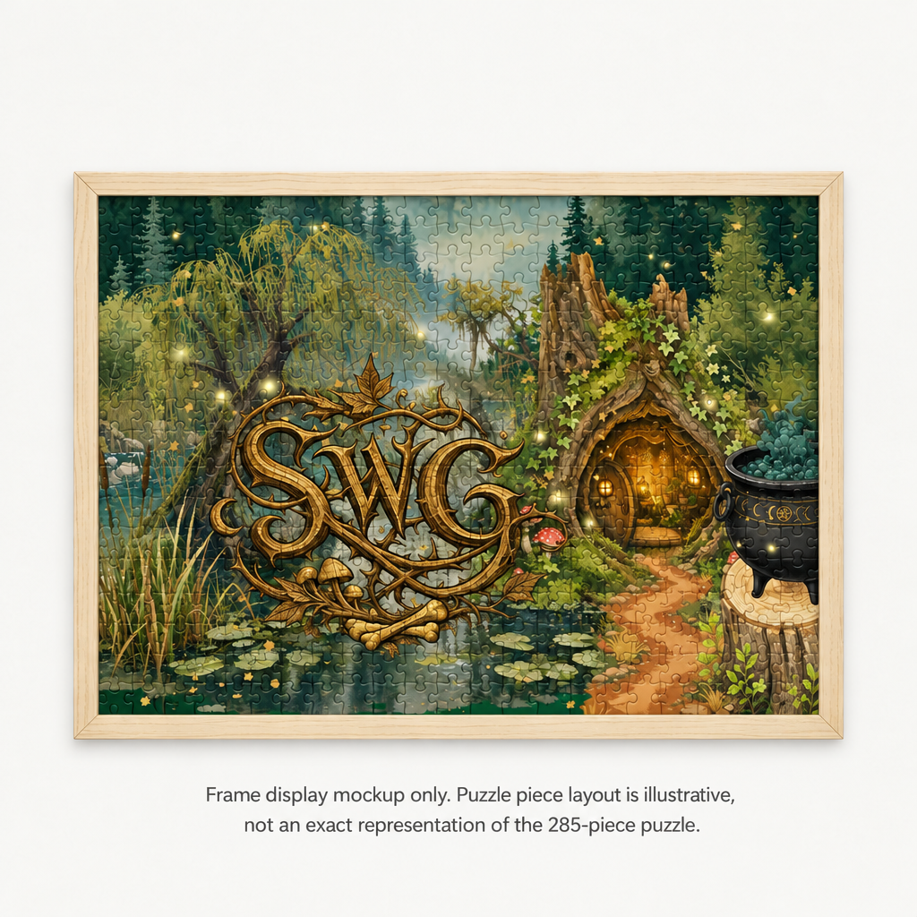 Clean framed puzzle mockup with piece-layout disclaimer
