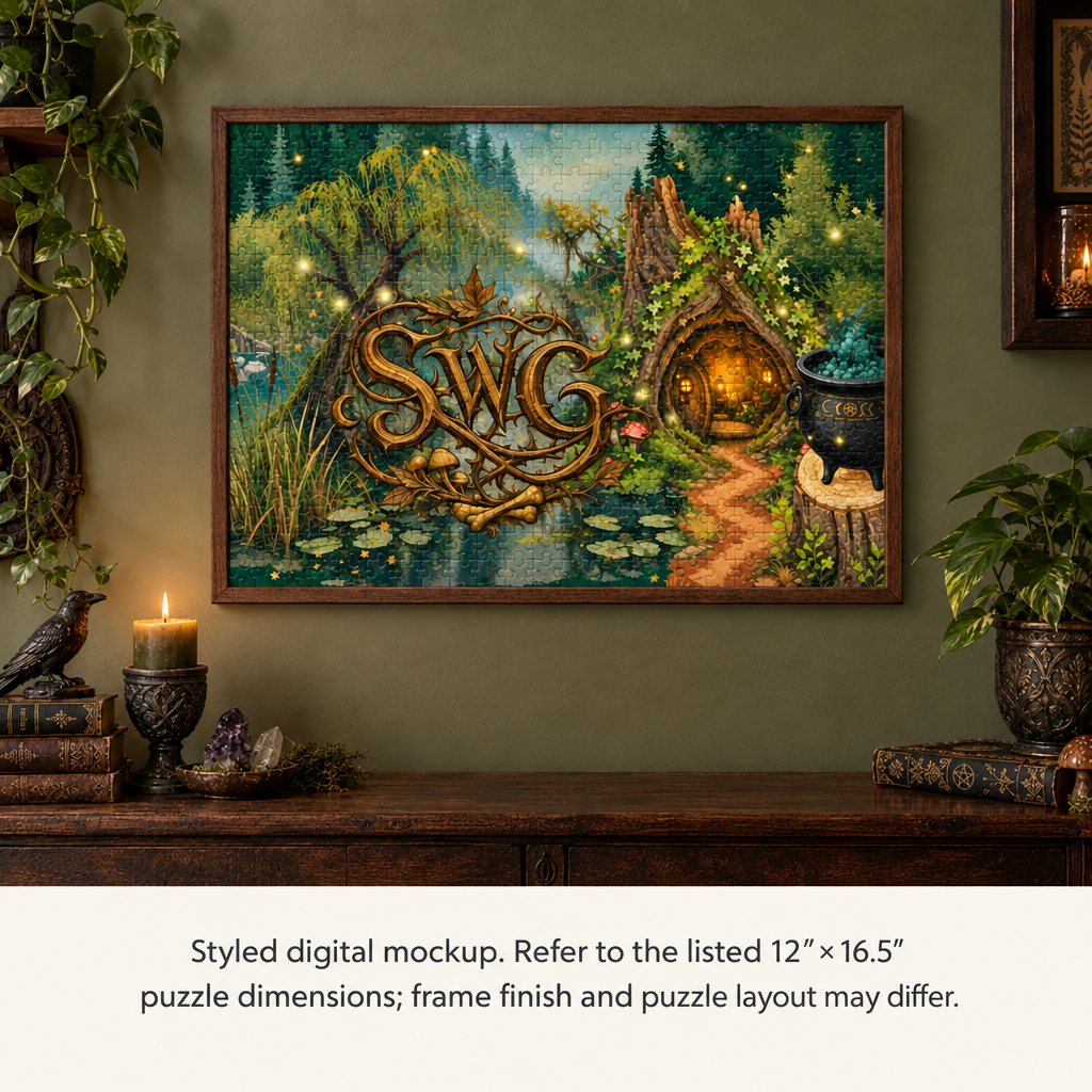 The Witch’s Hut puzzle displayed on a wall in a styled digital mockup, with a caption noting dimensions and possible differences in frame finish and puzzle layout.